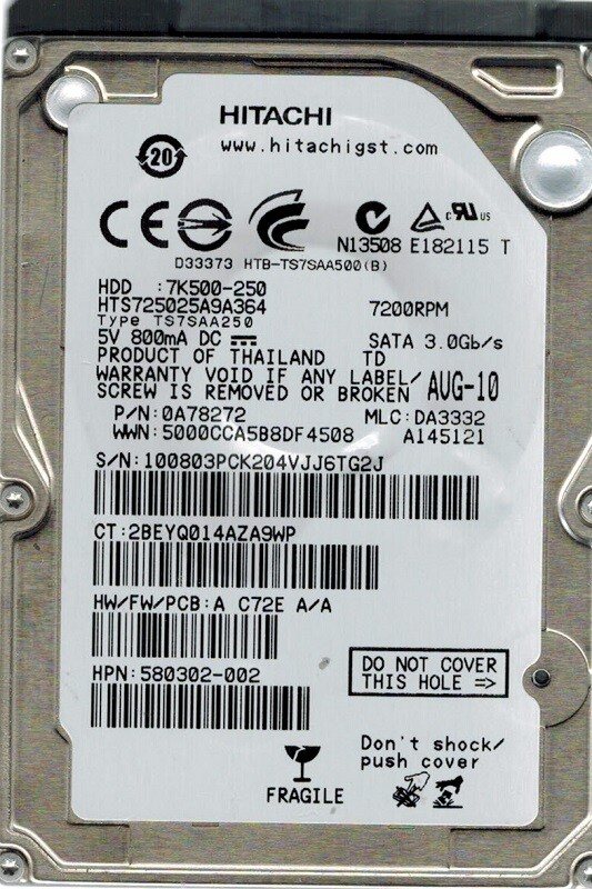 Hitachi HTS725025A9A364 MLC: DA3332 P/N: 0A78272 250GB