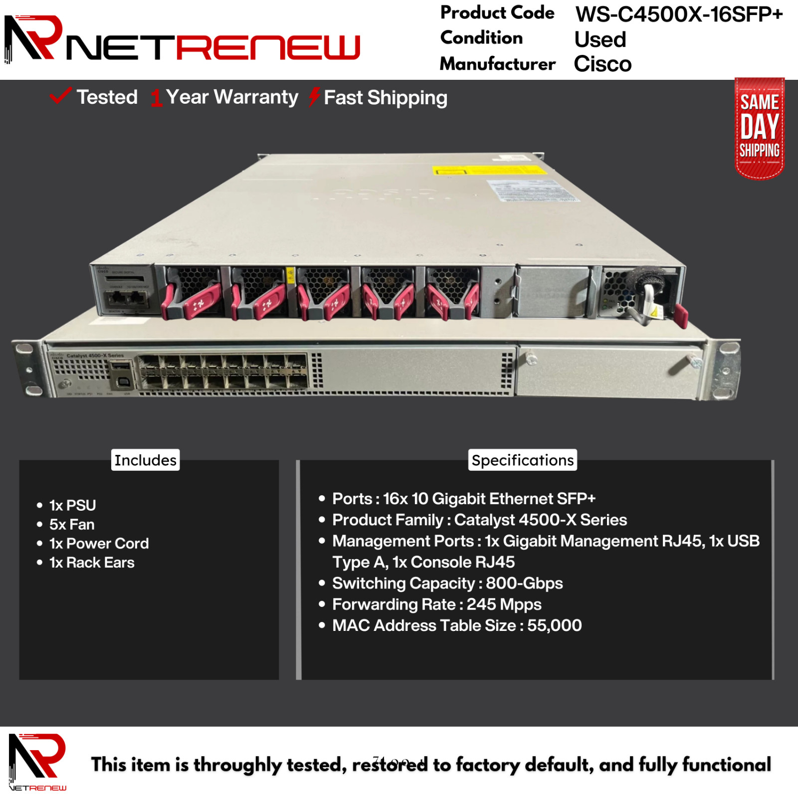 Cisco WS-C4500X-16SFP+ Catalyst 4500X 16-Port 10GE SFP+ Switch