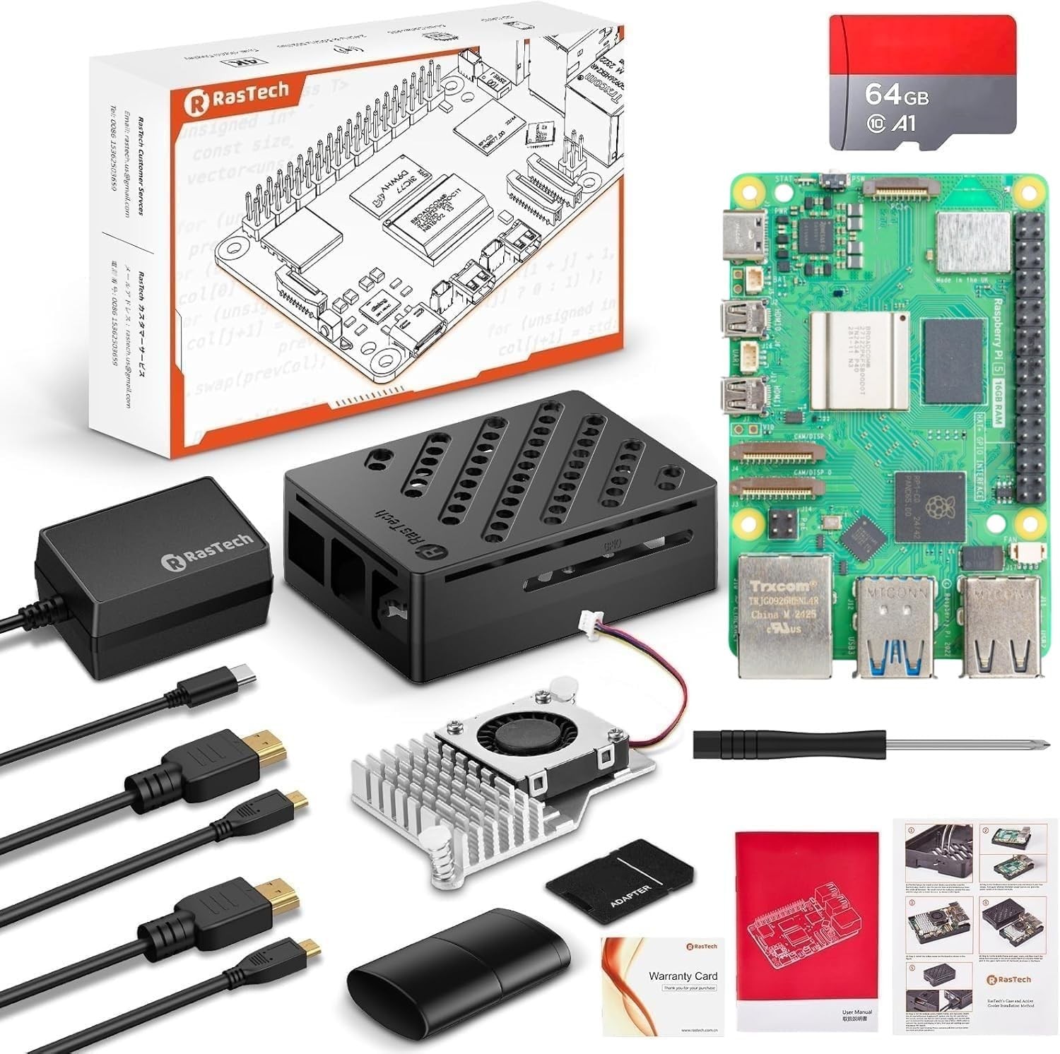 Rastech Raspberry Pi 5 16GB Kit 64GB Edition with Active Cooler Gan 27W 5.1V5A