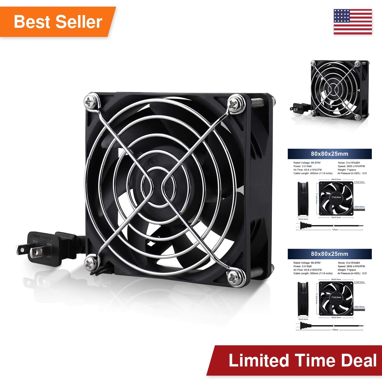 Wathai 80mm EC Axial Fan AC 110V 120V Brushless Cooling Fan 80mm x 25mm