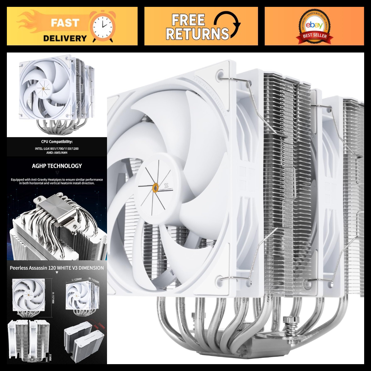 High-Performance CPU Air Cooler, 6 Heat Pipes, Dual 120mm PWM Fans, AM4/AM5, Int