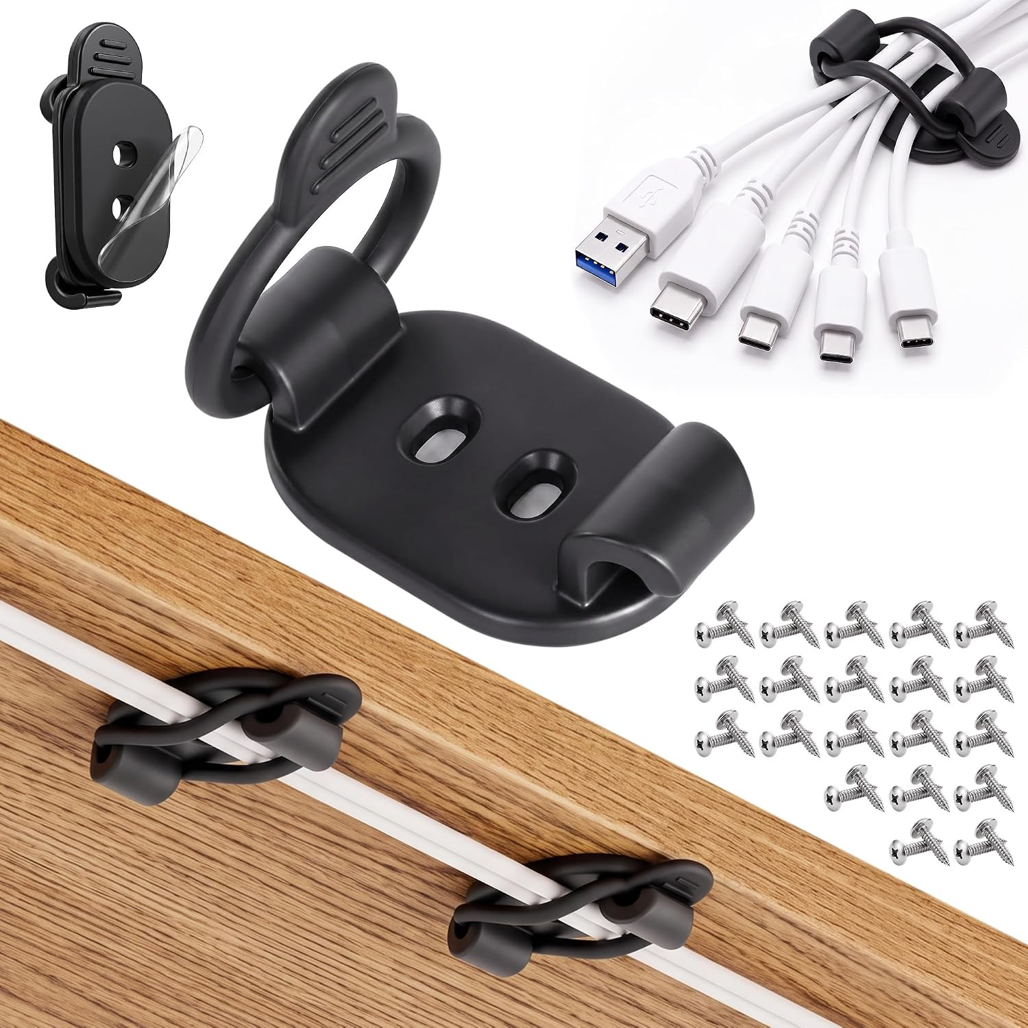 20-Pack Adhesive Cable Management Clips - Black Cord Organizer