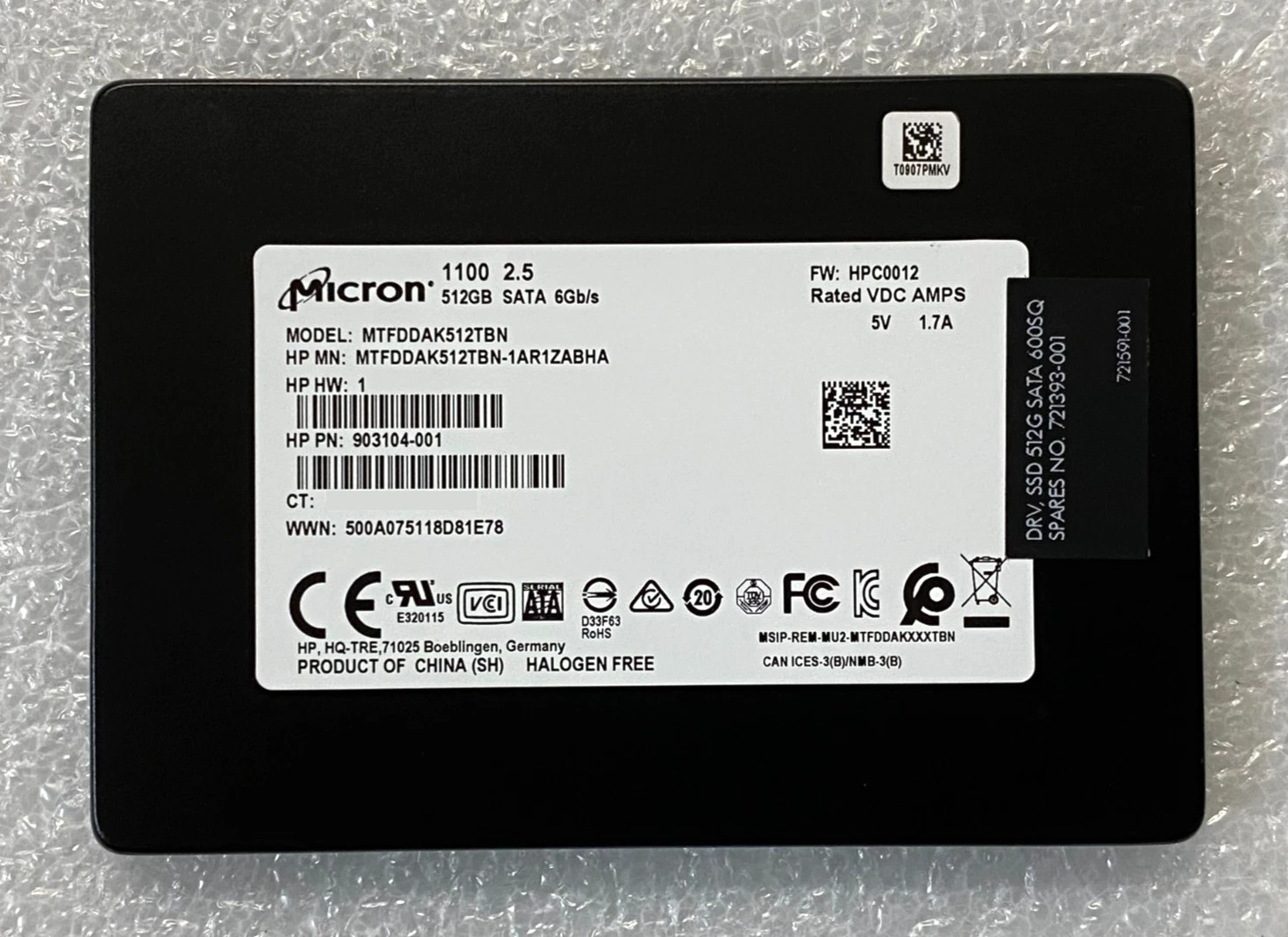 MICRON 1100 2.5" 512GB SATA III 3D NAND Internal SSD MTFDDAK512TBN HP 903104-001