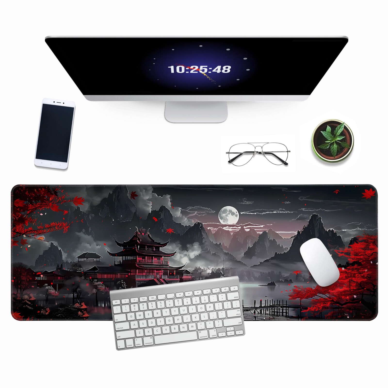 31.5x11.8 In Japanese Full Moon Lake Landscape Extended Gaming Desk Mat Pad