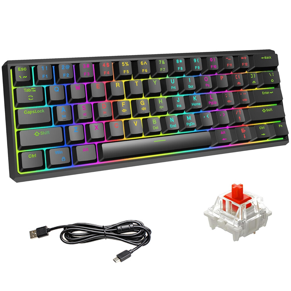 Snpurdiri 60% Gasket Wired Gaming Keyboard Rainbow LED Backlit 61 Red Switch US
