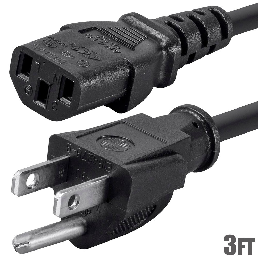3FT 3-Conductor 14AWG NEMA 5-15P Male to IEC 60320 C13 Female Power Cord Cable