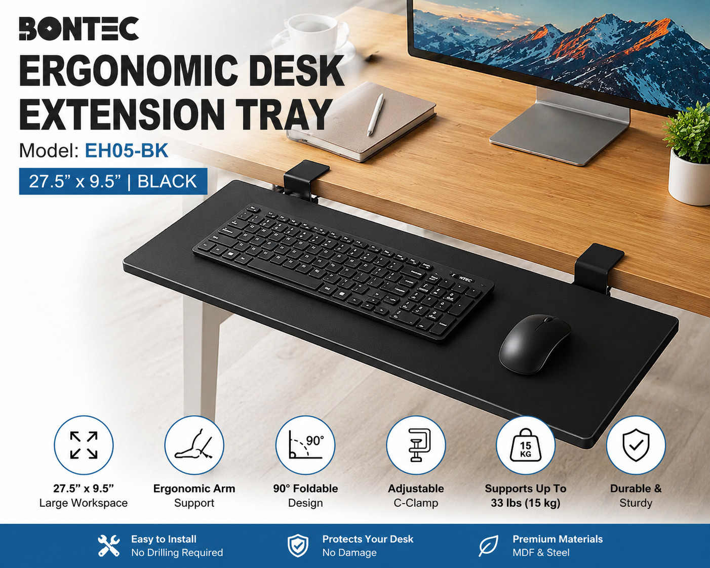 BONTEC 27.5" Ergonomic Desk Extension Tray EH05-BK Foldable Arm Rest Shelf Black