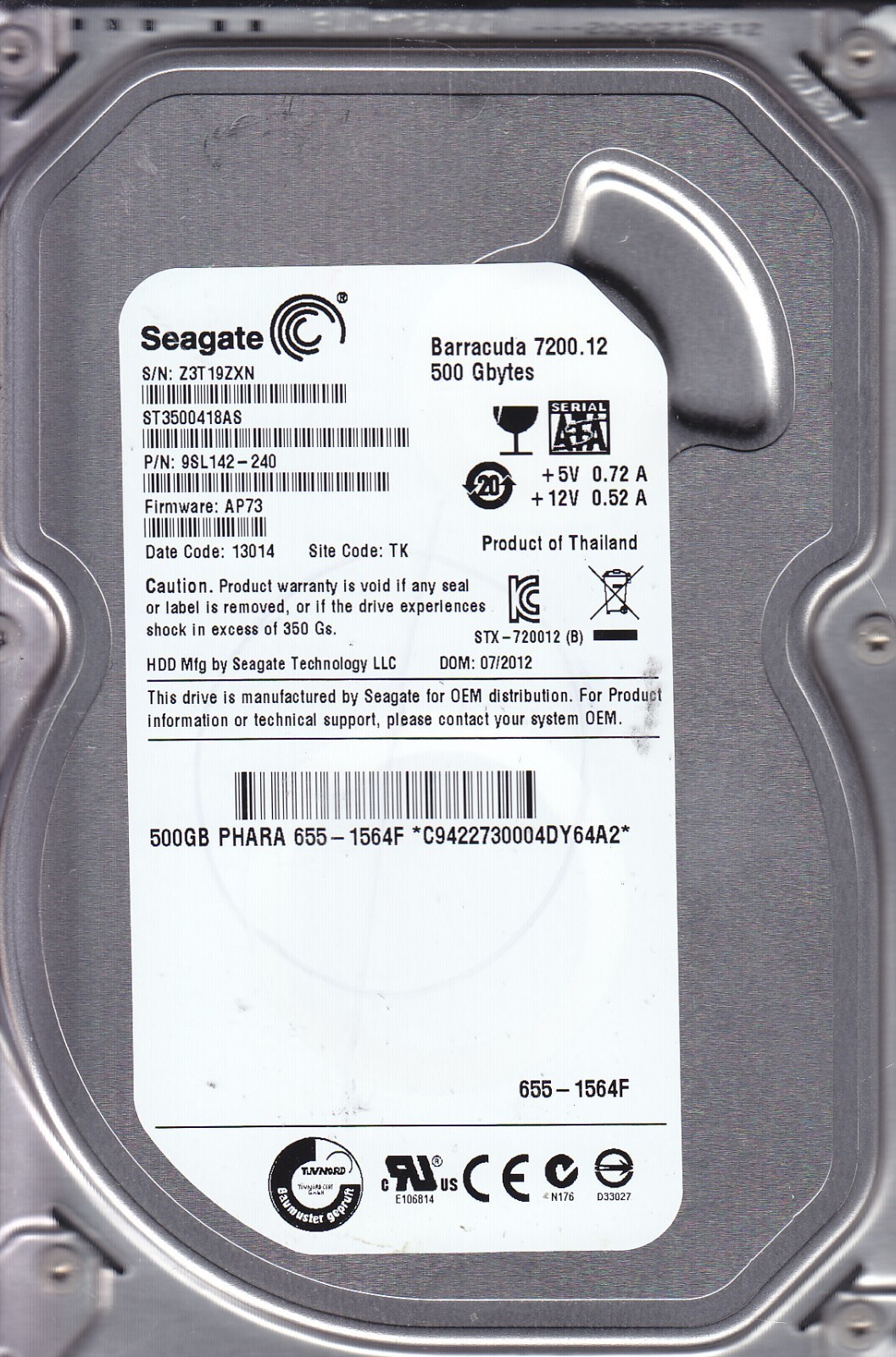 ST3500418AS p/n 9SL142-240 s/n: Z3T fw: AP73 TK 07/12 500GB 3.5 APPLE SEAGATE