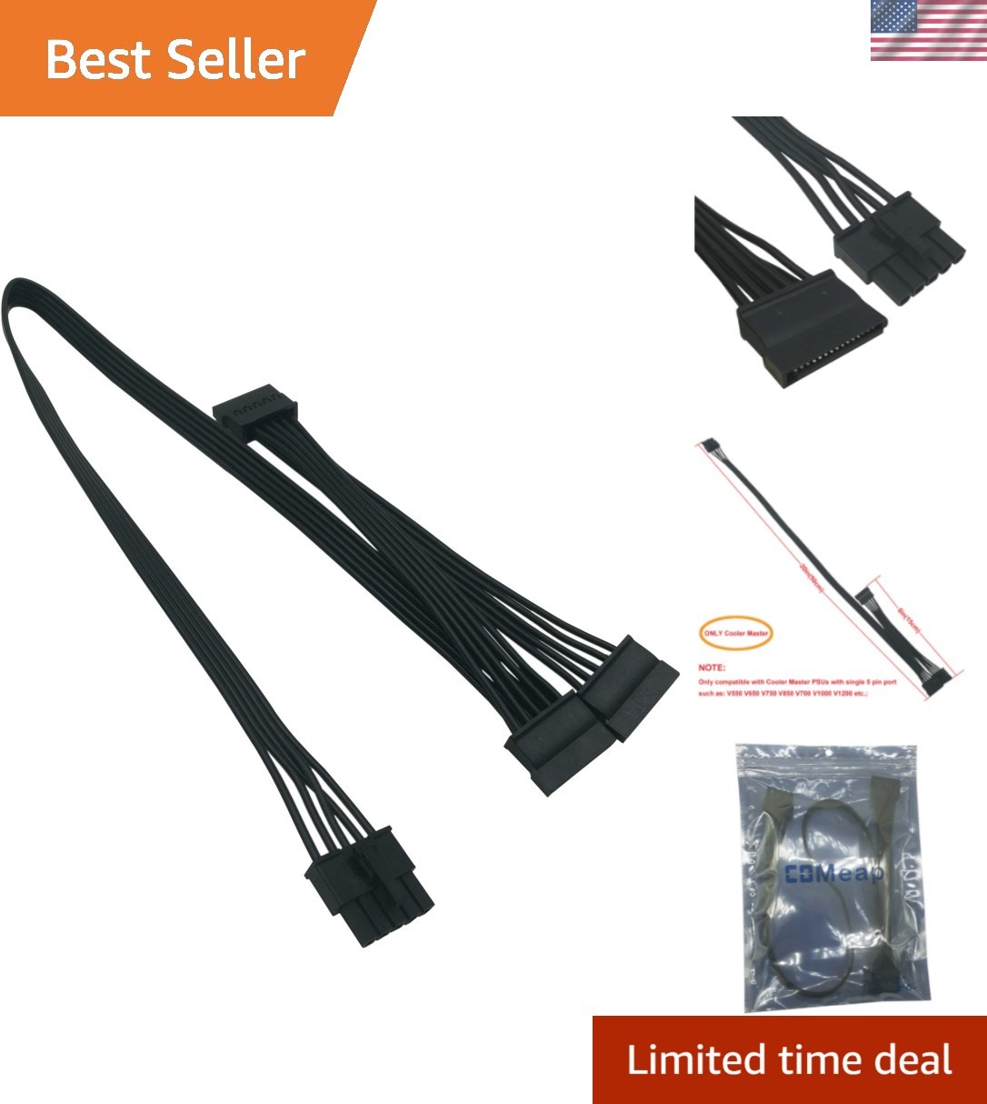 SATA Power Cable for Cooler Master PSUs, 5 Pin to 3X 15 Pin SATA Hard Drive H...