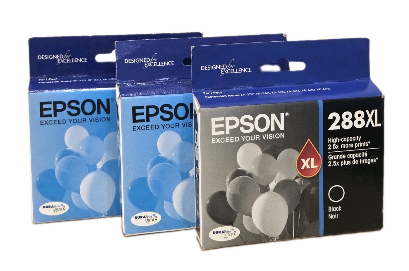 3 EPSON 288 CARTRIDGES TOTAL 2 EPSON288XL CYAN, 1 EPSON288xl Black.