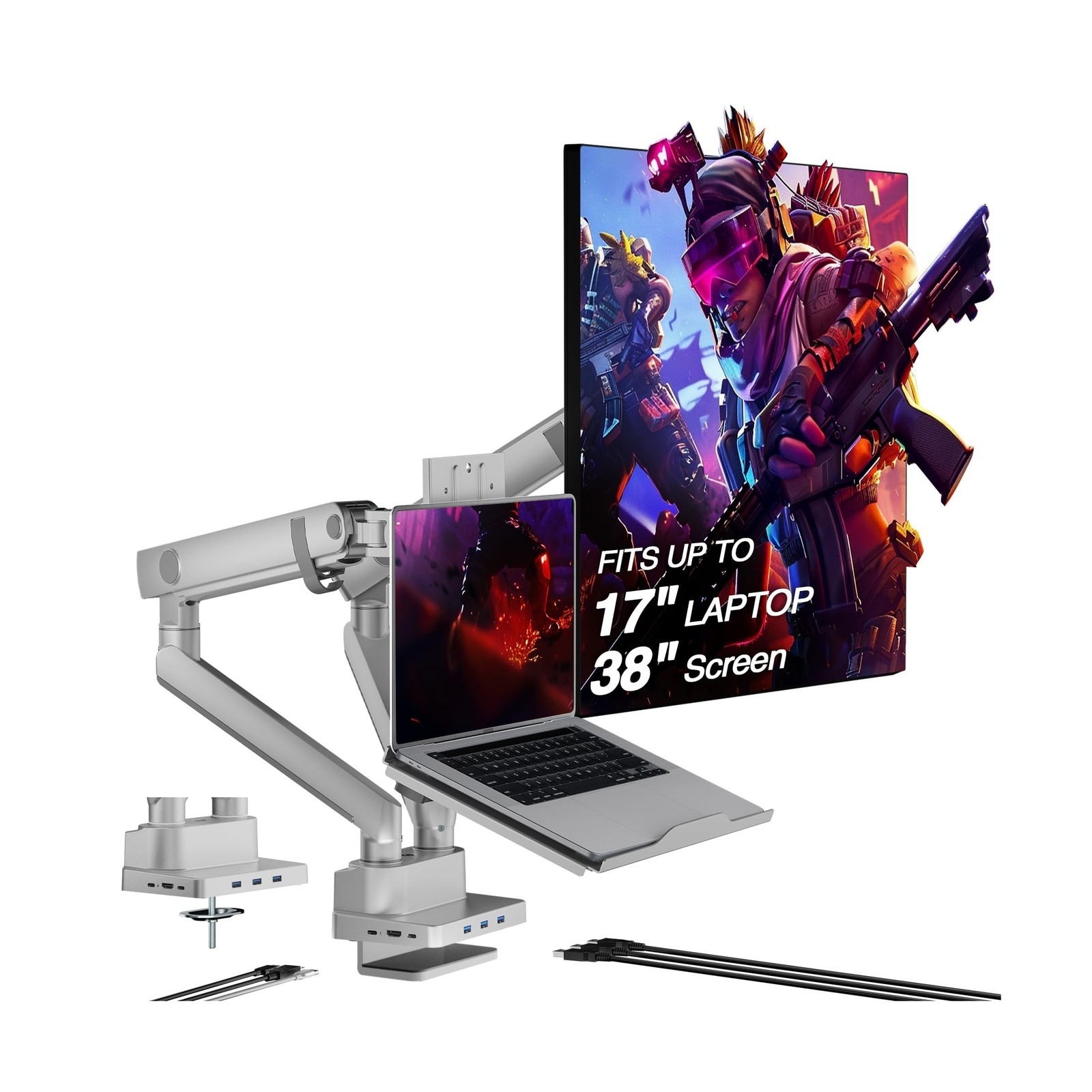 AVLT Dual 17”-38" Monitor Arm Desk Mount with 17" Laptop Tray and USB-C Do