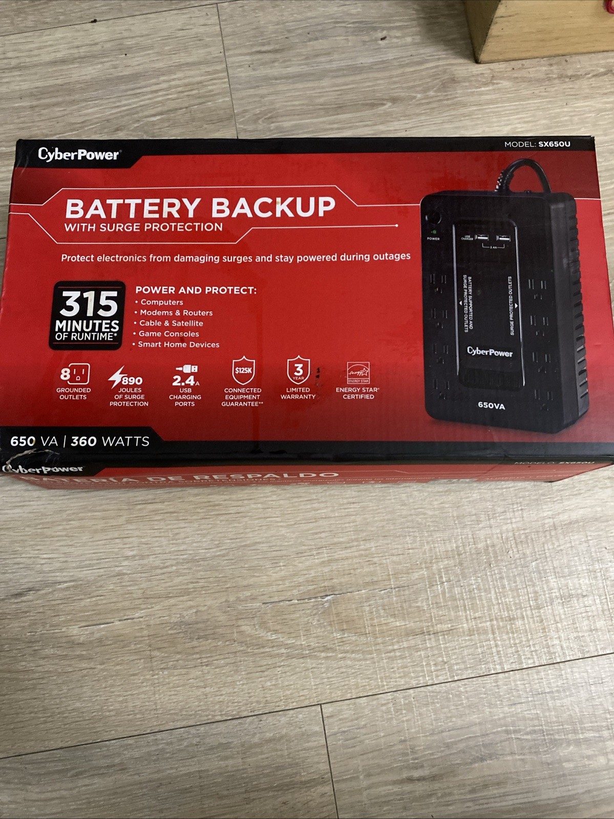 CyberPower 650VA Battery Back-Up System UPS 8 Outlet Surge Protector SX650U 