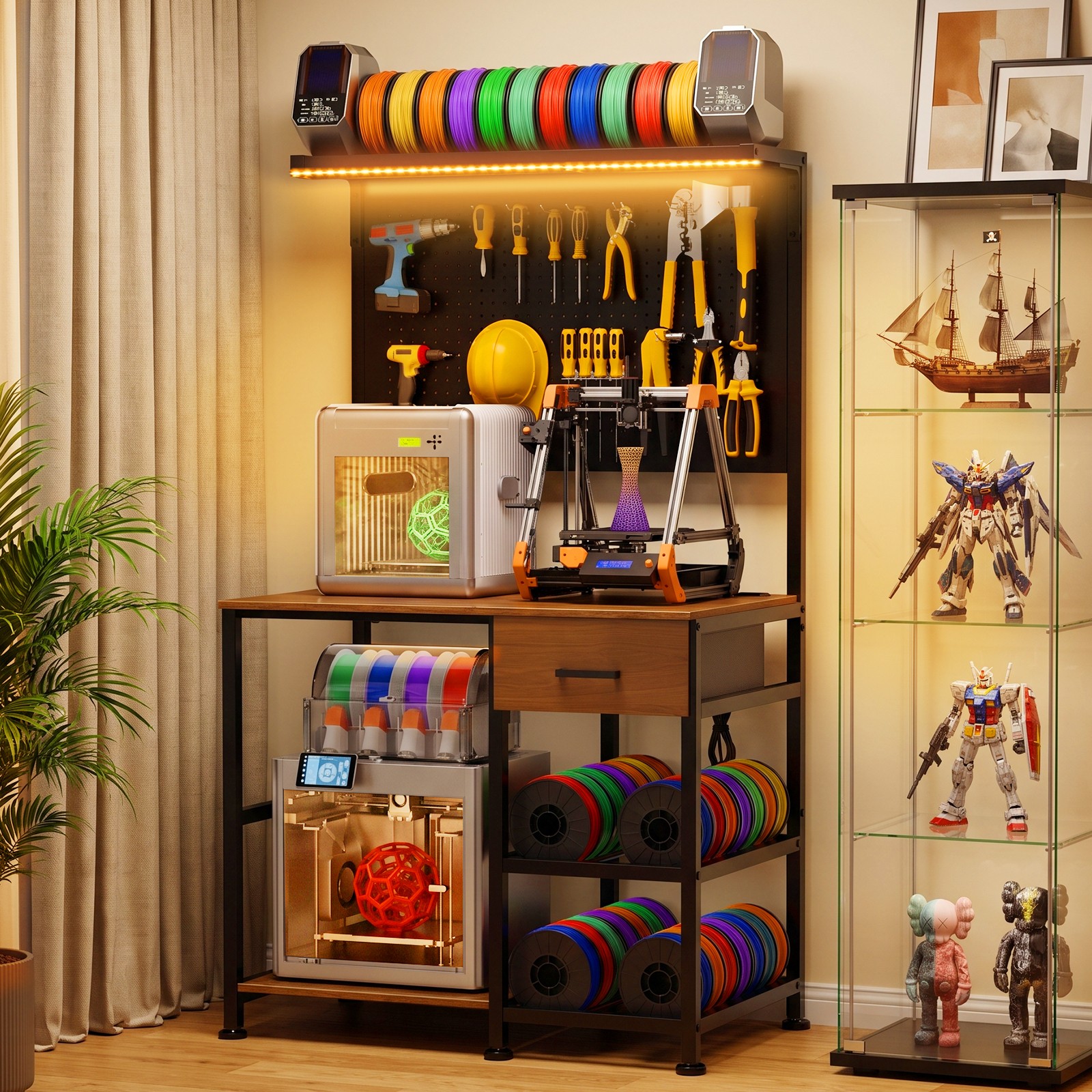 3D Printer Stand Workstation with Filament Storage, Drawer, LED Lights