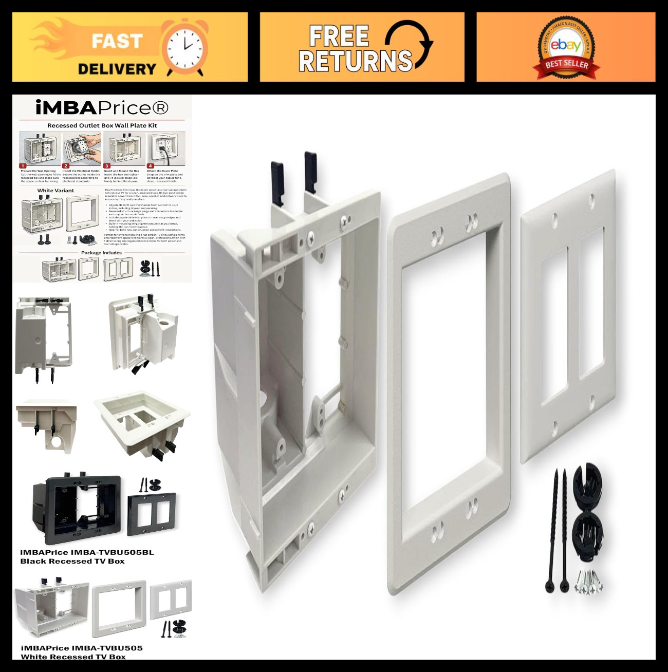 Recessed TV Outlet Box 2-Gang - In-Wall Electrical Box for Wall-Mounted TVs, Cab