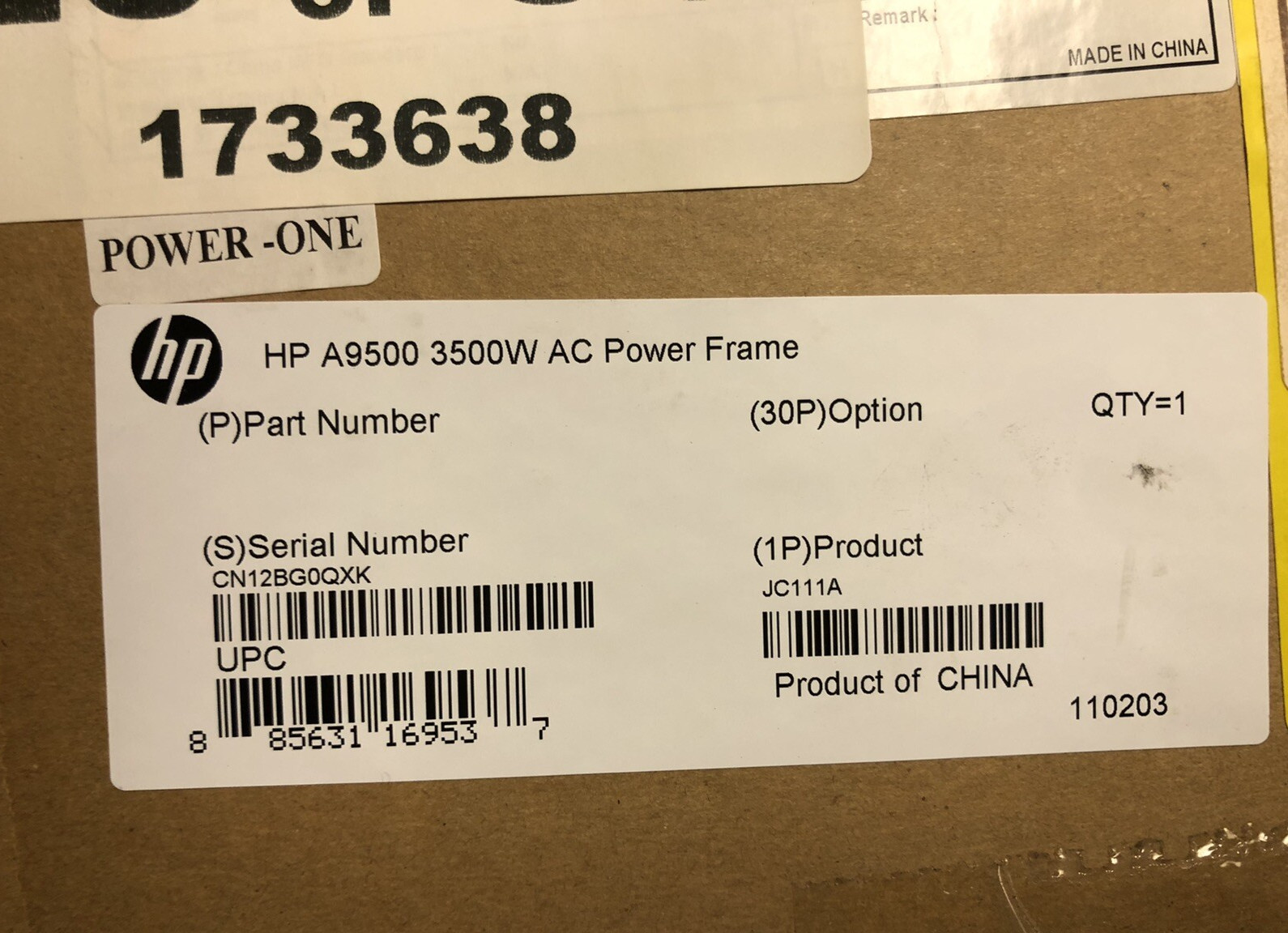 HPE HP JC111A 9500 A9500 S9500E Switch AC Power Frame 3500W 3.5kW w/ 1x 1800 PSU