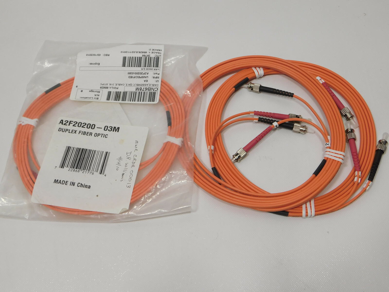Belkin A2F20200 03M Duplex Fiber Optic Patch Cable ST/ST 3 Meters Lot of 3 ea