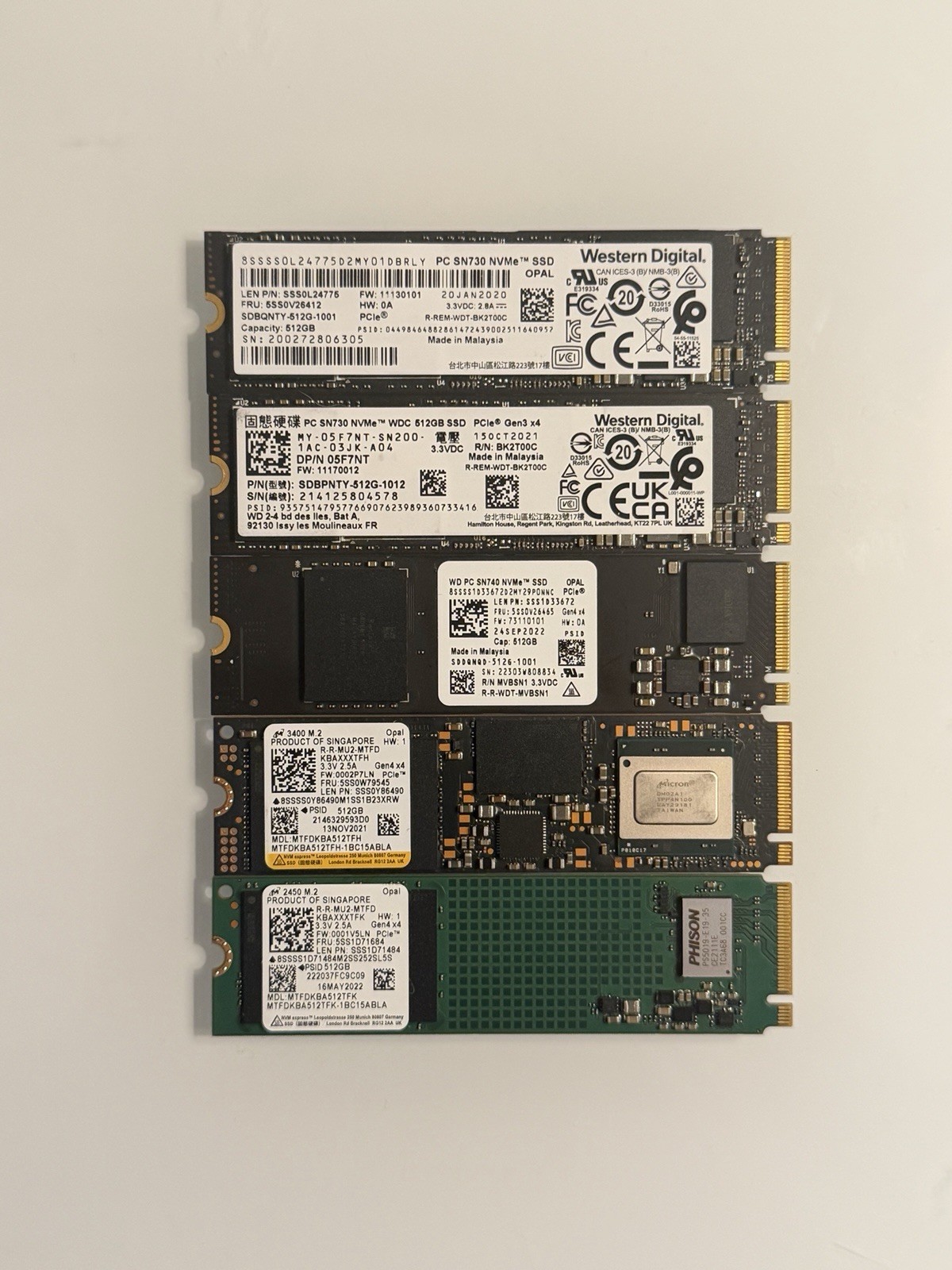 512GB NVMe SSD Lot Micron 3400 WD SN740 SN730 Gen4 Gen3 M.2 2280 88-97% Health