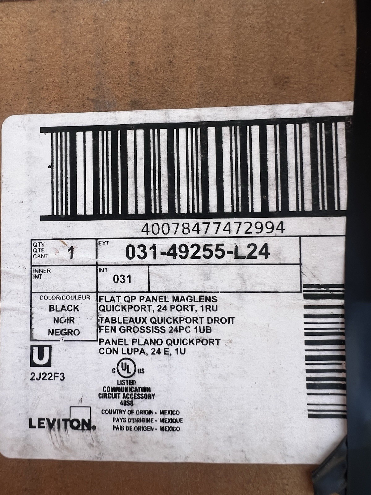 Leviton QuickPort 24-Port 1RU Flat Patch Panel 19in Rack Black 031-49255-L24