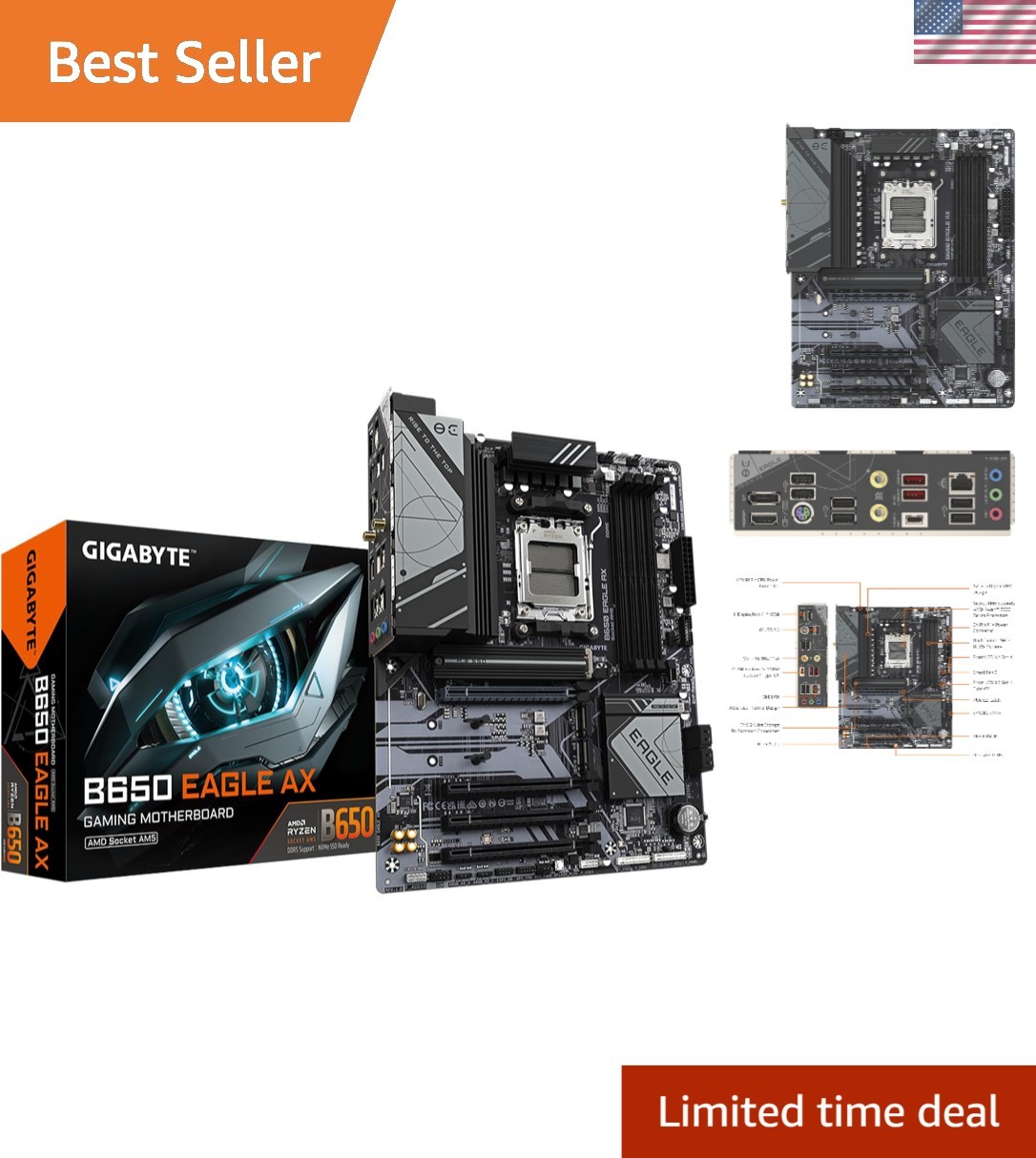 B650 Eagle AX AM5 LGA 1718 ATX Motherboard, , Triple M.2 Slots 1x PCIe 5.0, 2...