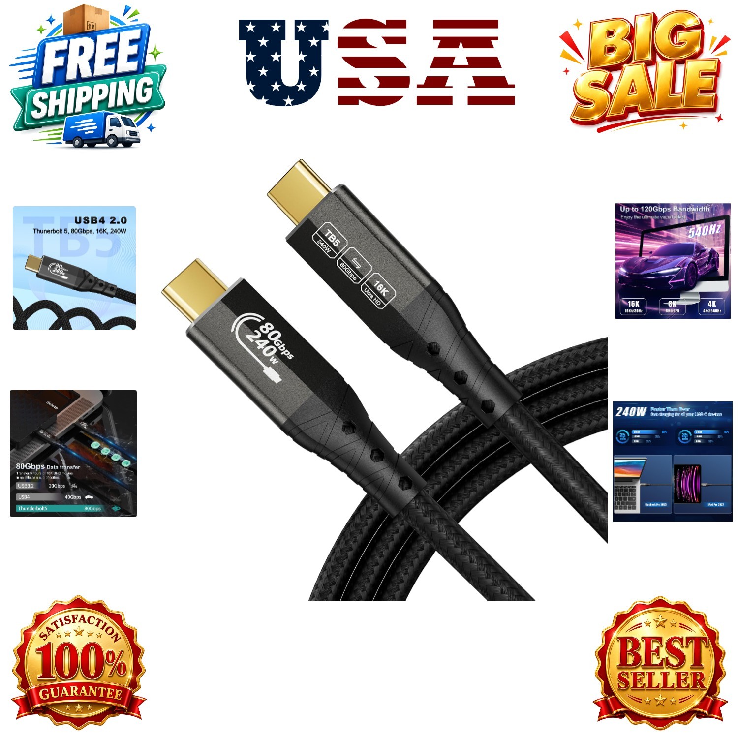 8K for Thunderbolt 5 Cable 10FT/3m, 80Gbps Data Transfer, USB C 120Gbps Bandw...
