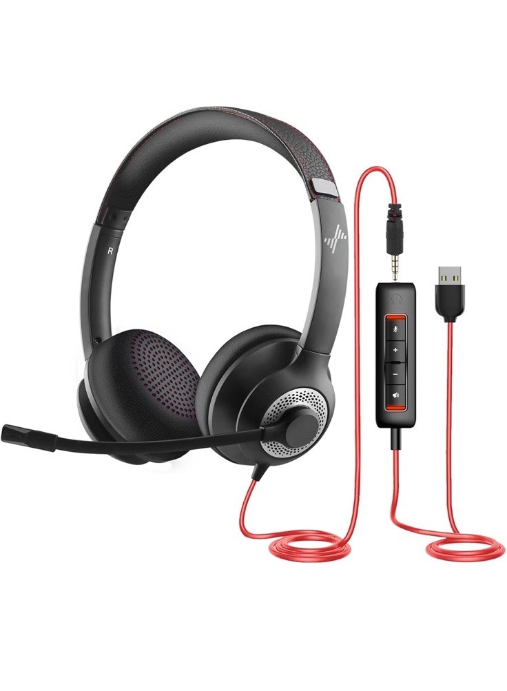 USB Headset with Microphone for PC, On-Ear Computer Laptop Headphones USB+3.5mm