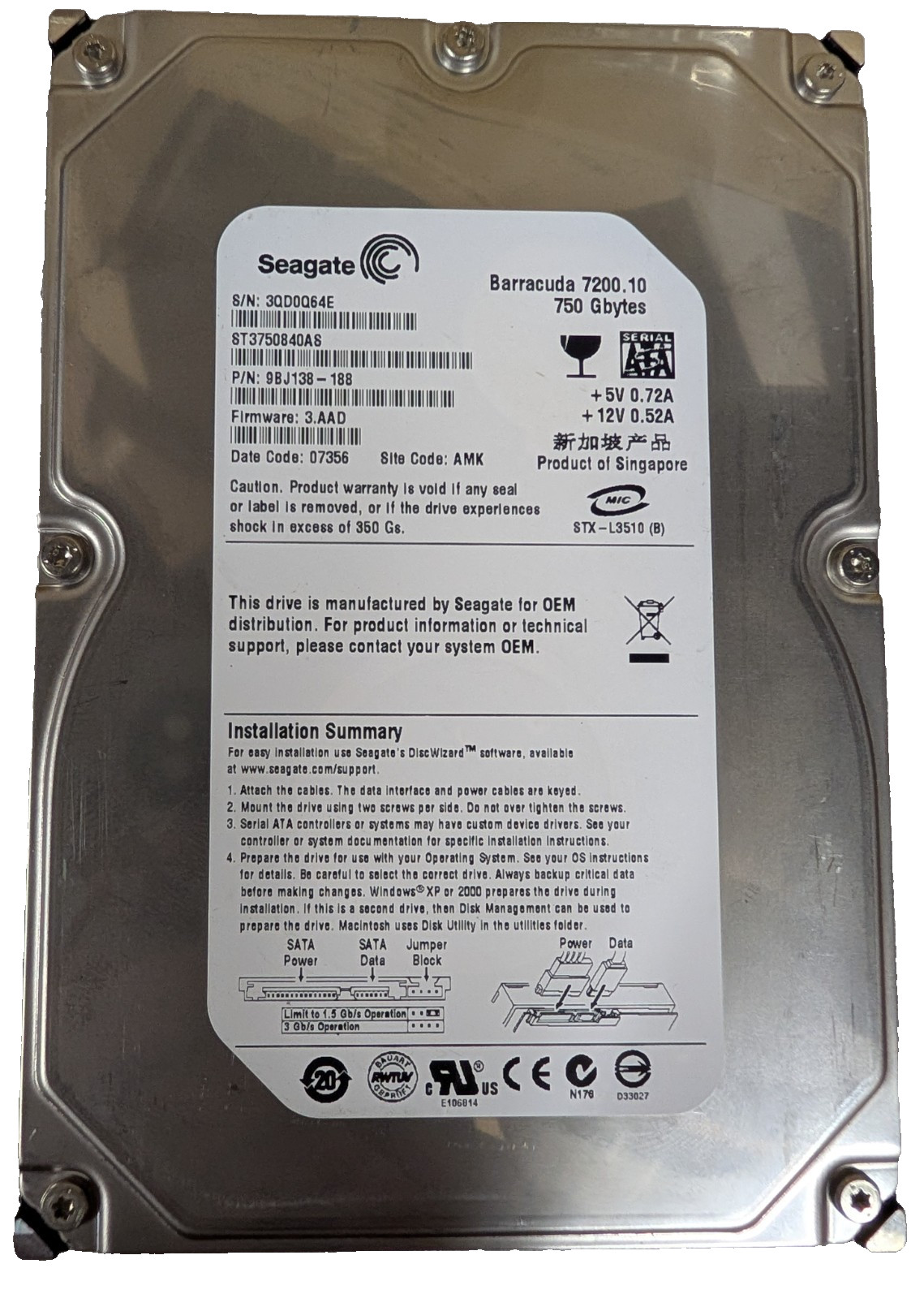 Seagate Barracuda ST3750840AS 750GB SATA II 3.5" 7200rpm Internal Hard drive