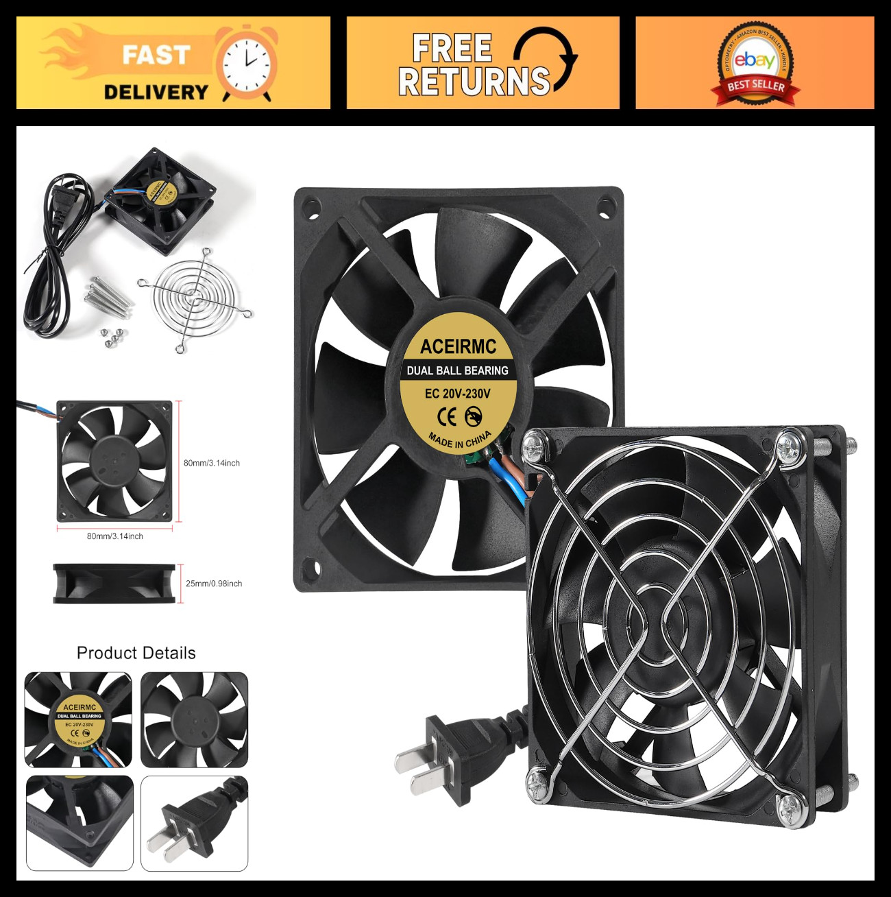 2pcs 80mm Brushless Cooling Fan AC 110V-240V, Quiet Axial Fan for Desktop Use