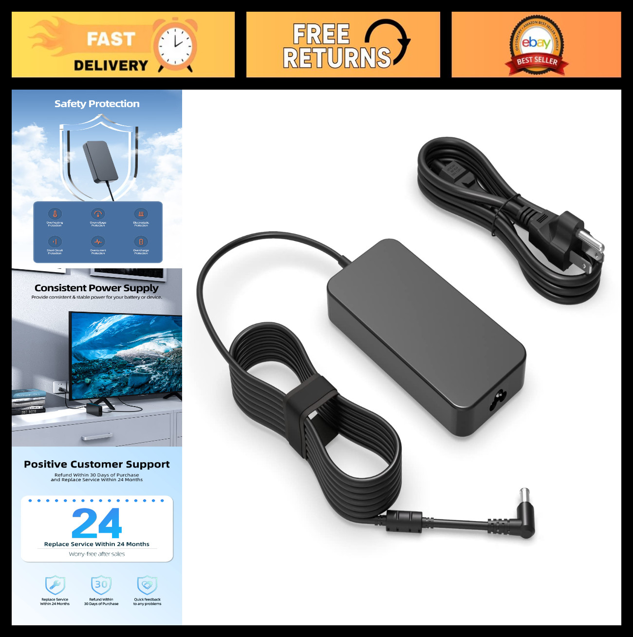 19.5V AC Power Adapter Charger for LG 32" 34" Monitors - Compatible with Multipl