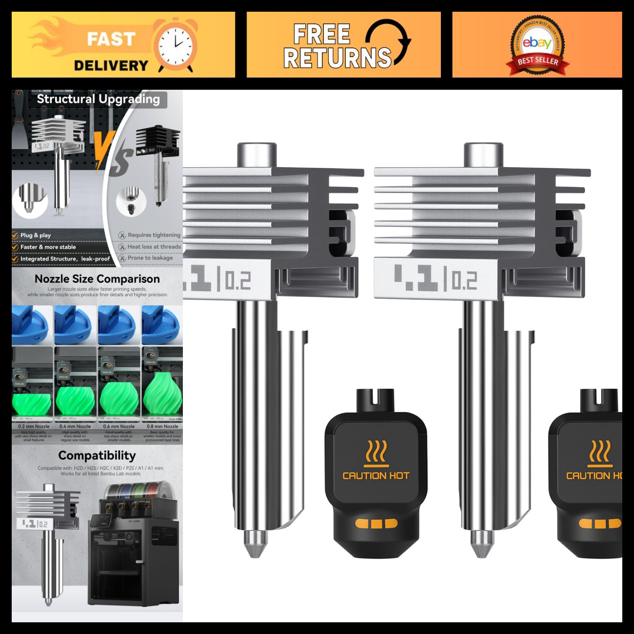 2PCS 0.2mm Mini Integrated Leak-Proof Hotend for 3D Printers - X2D/P2S/H2D Compa