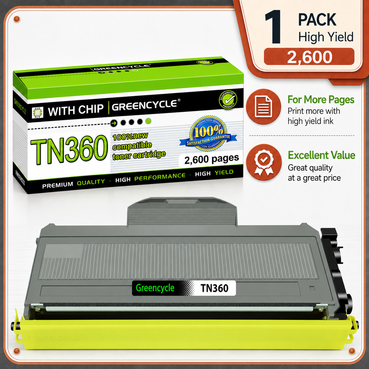 1PK TN360 Toner Cartridge for Brother TN360 HL-2140 HL-2150N HL-2170W High Yield