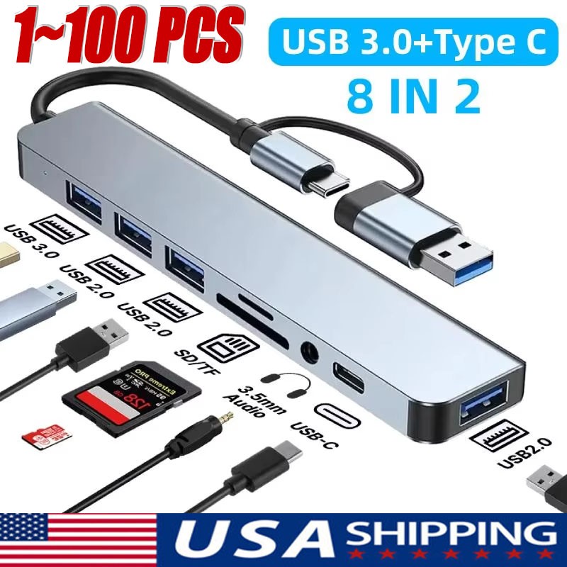 8 Port USB-C Hub Adapter - 5G Speed Multi Splitter for PC, Laptop & MacBook LOT