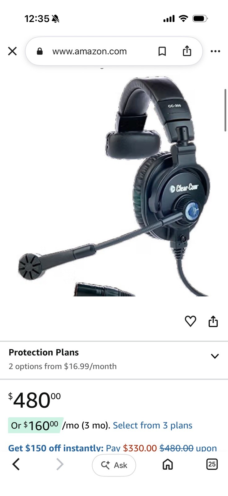 Clear-Com CC-300-X4 Single-Ear Headset with 4-Pin XLR-F Connector NEW IN BOX 