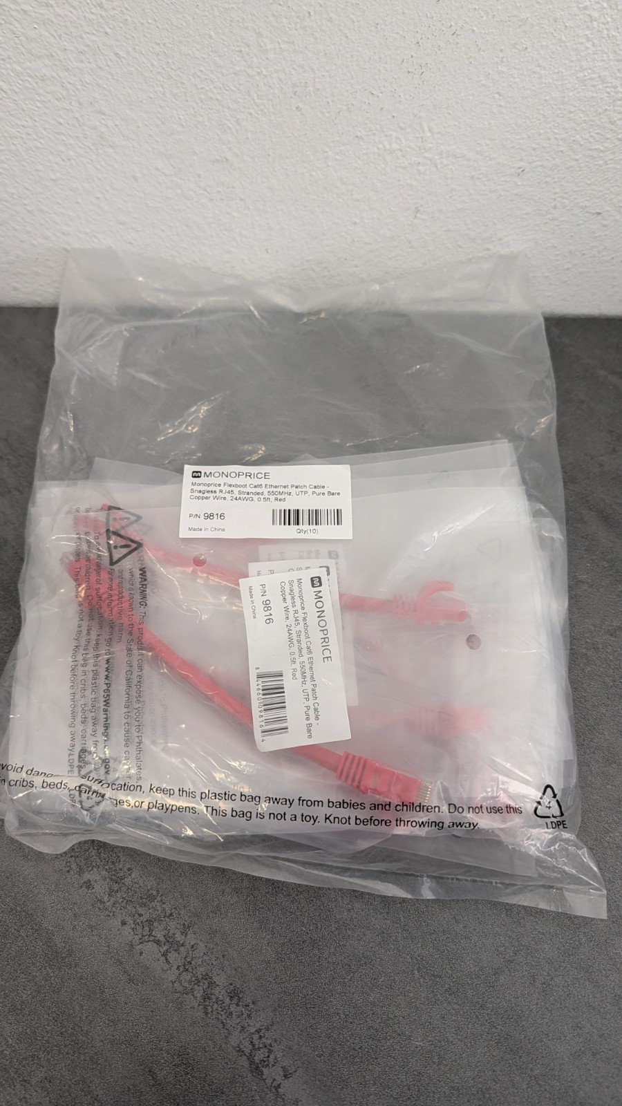 Lot Of 10- MONOPRICE 9816 Patch Cord,Cat 6,Flexboot,Red,0.5 ft. 