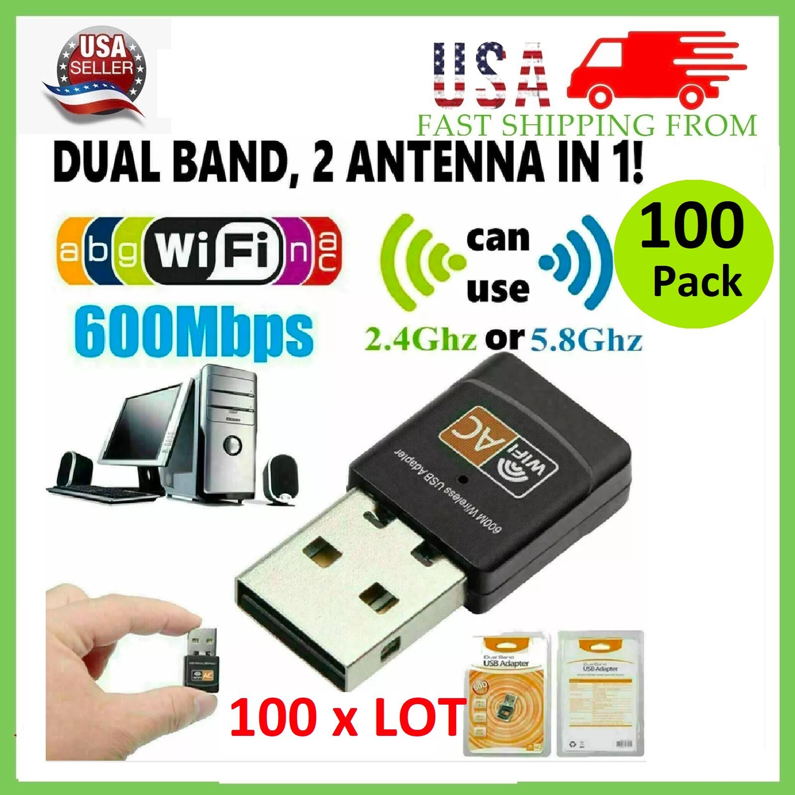 Lot of 100 x AC600 Mbps Dual Band 2.4/5Ghz Wireless USB Mini WiFi Network 802.11
