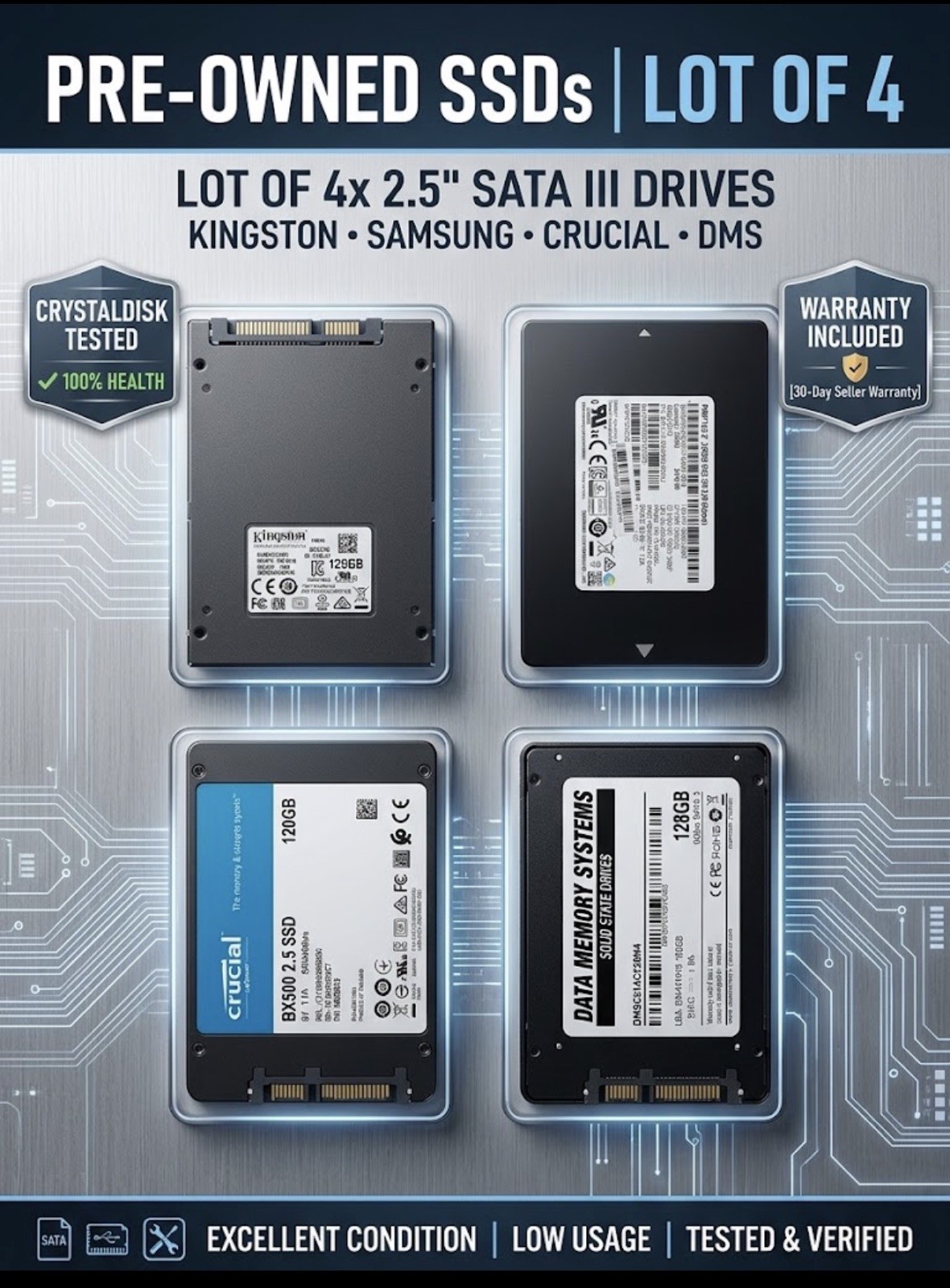 Lot of 4x 2.5" SATA SSDs (120GB & 128GB) - Kingston, Crucial, Samsung - Tested