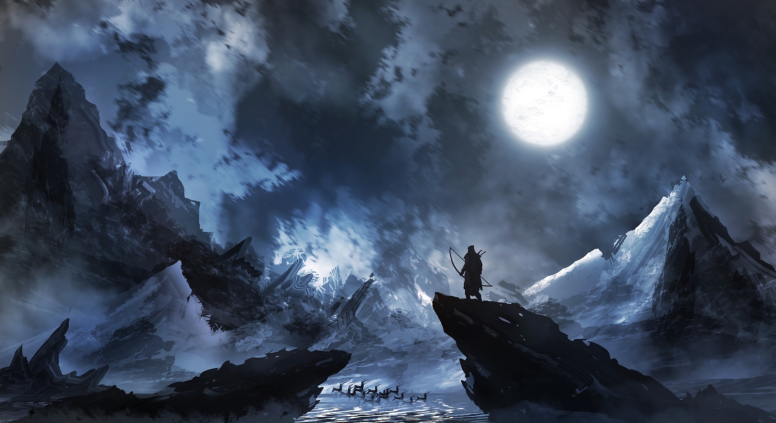 Landscape fantasy art night moon hunter snow deviantart Custom Gaming Mat Desk