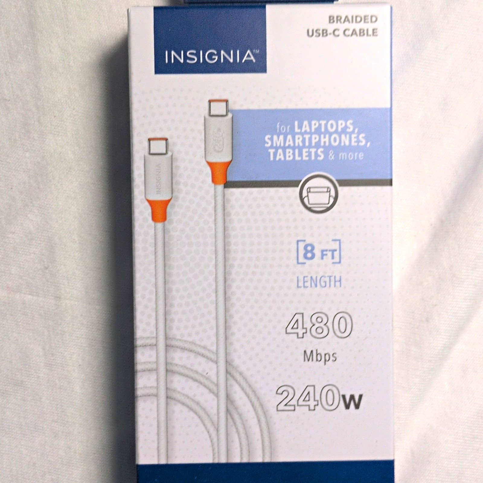 Insignia Braided USB-C to USB-C Cable 8 ft White/Orange 240W 480 Mbps