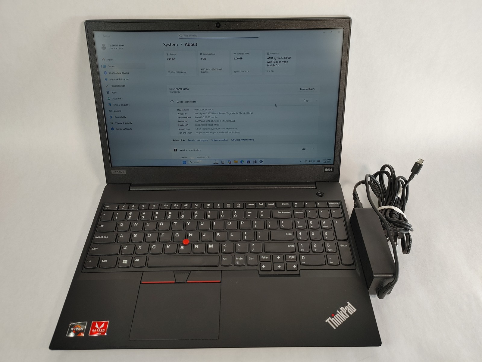 Lenovo ThinkPad E595 Ryzen 5 3500U 2.10 GHz 8 GB DDR4 256 GB NVMe Windows 11 Pro