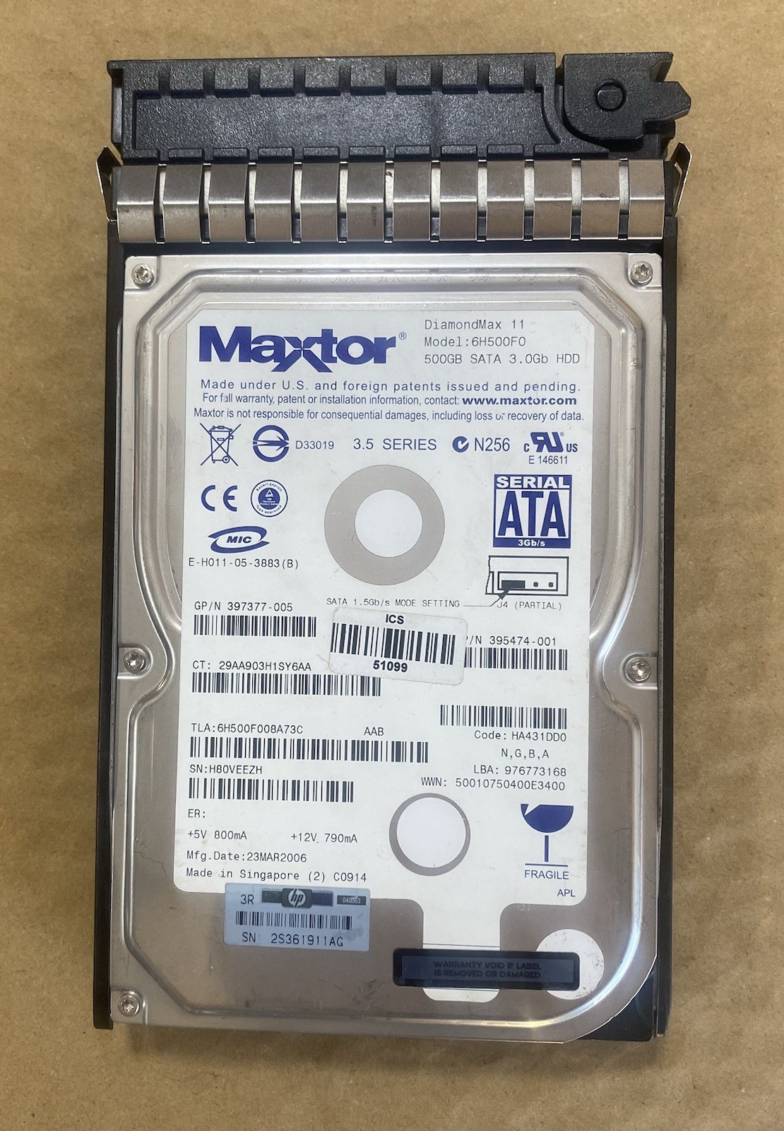 HP  395474-001  DiamondMax 11 6H500F0  500GB  7.2K SATA 3.0GB