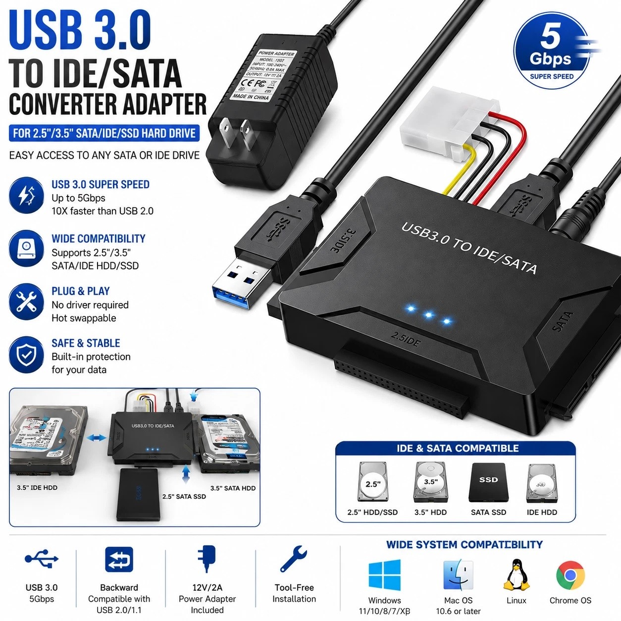 USB 3.0 to IDE & SATA Converter External Hard Drive Adapter Kit 2.5"/3.5" Cable