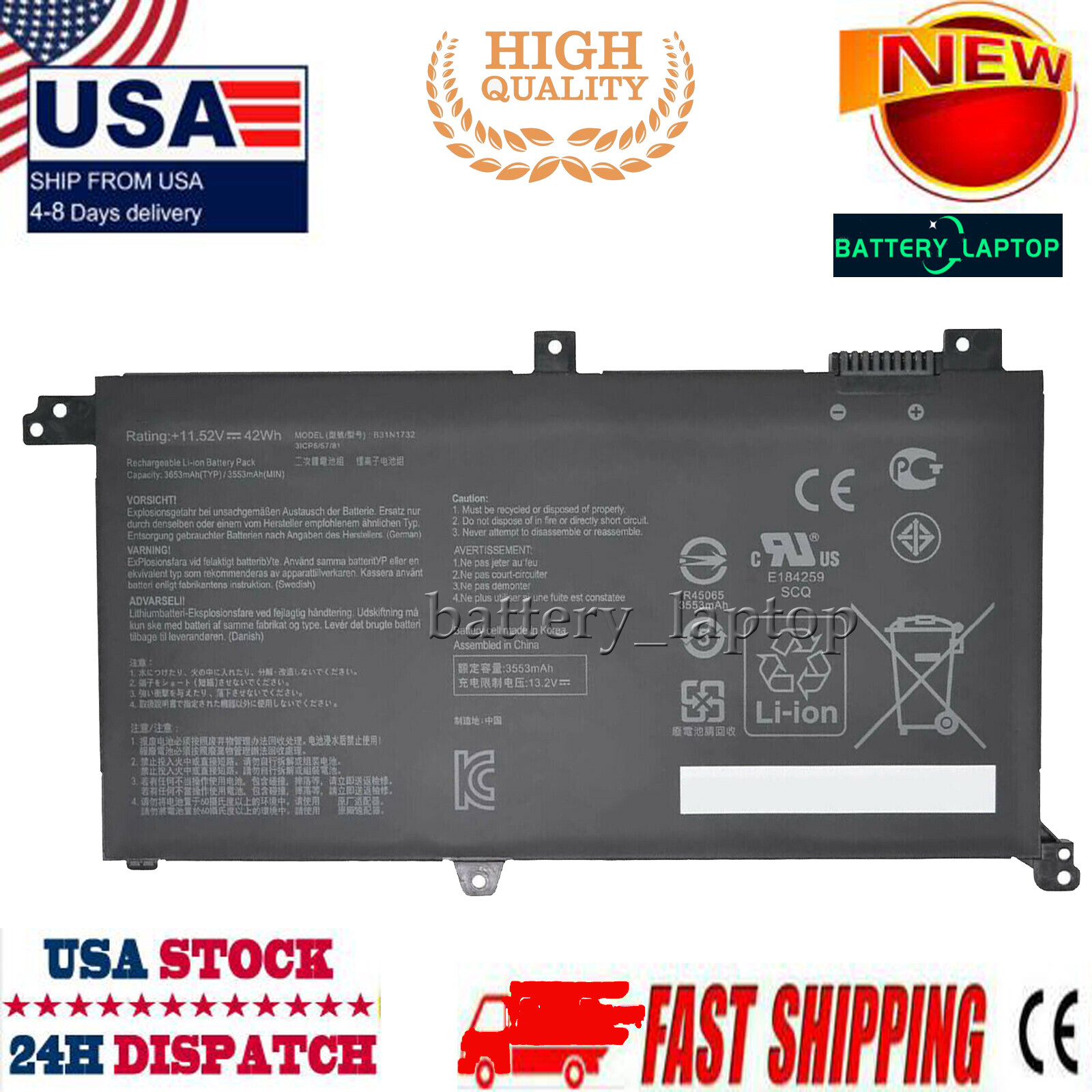 New battery B31N1732 for Asus X571GT F571GT FX571GT K571LH S430FN S430FA 42Wh