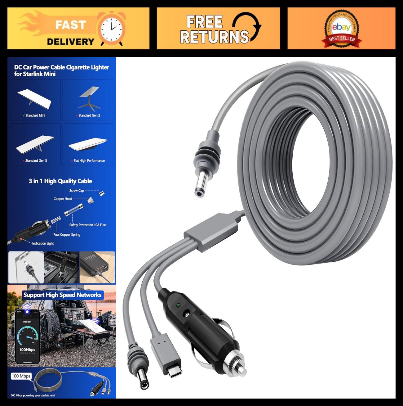 3M 10FT Waterproof Power Cable for Starlink Mini - 12-24V Car Cigarette Lighter