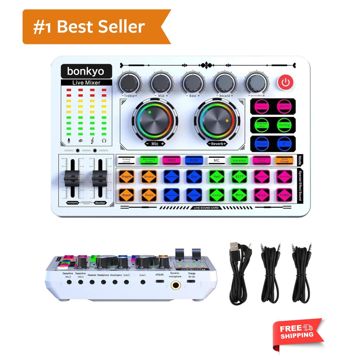F999 White Live Streaming Sound Card, Professional Audio Mixer, Voice Changer...
