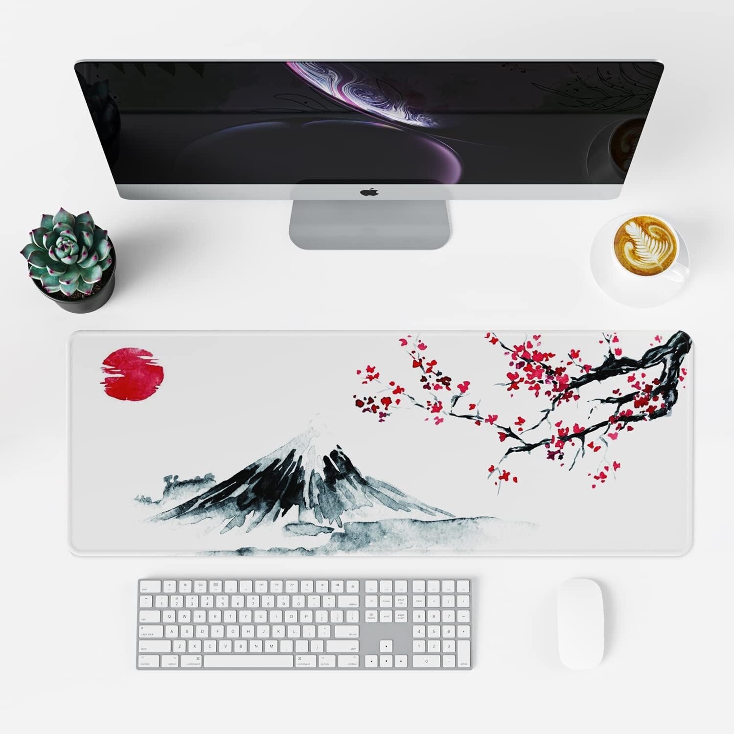 Japanese Cherry Blossom White Mouse Pad (31.5 × 11.8 × 0.12 inch) XL Extended