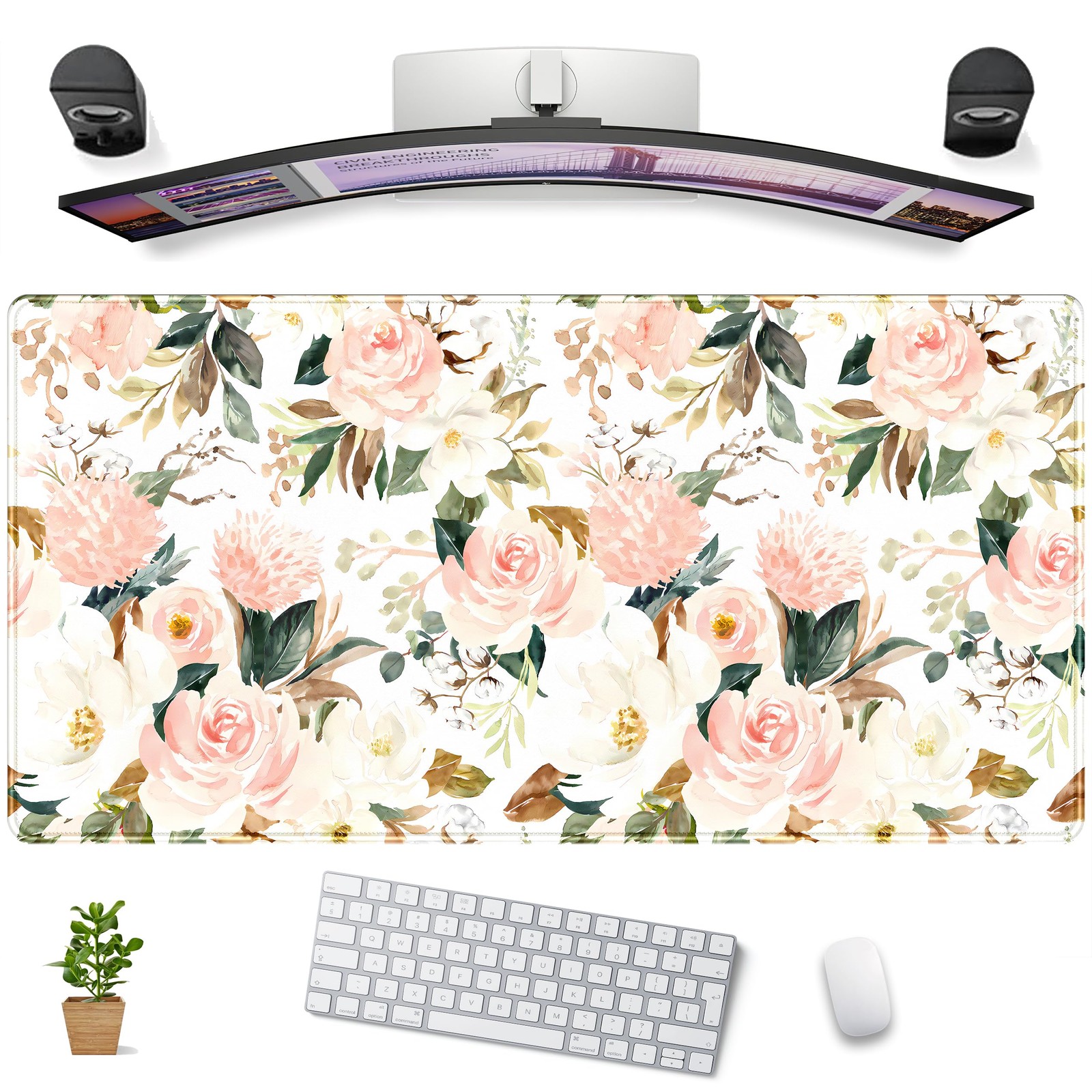 31.5x15.7 Inch Pink Floral Green Leaves XL Large Mouse Pad Gaming Desk Mat