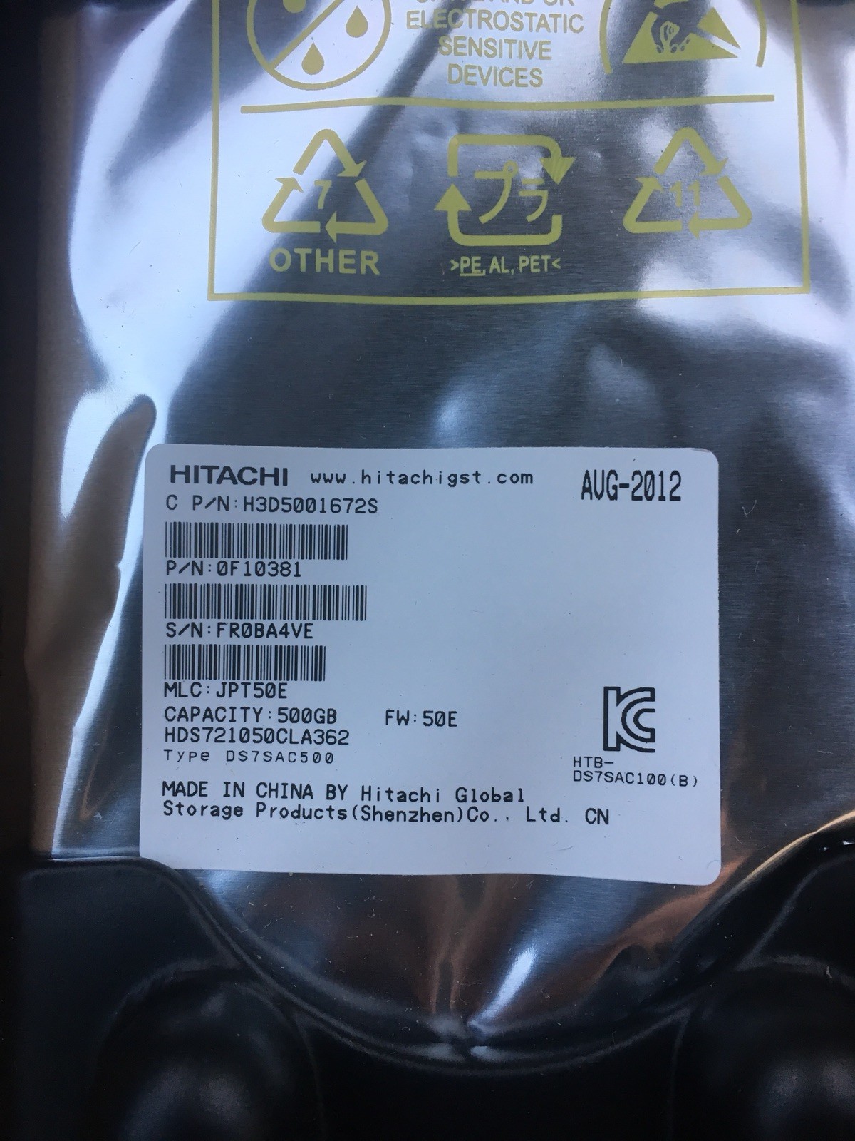 HDS721050CLA362 P/N: 0F10981 MLC: JPT3BF Hitachi 500GB