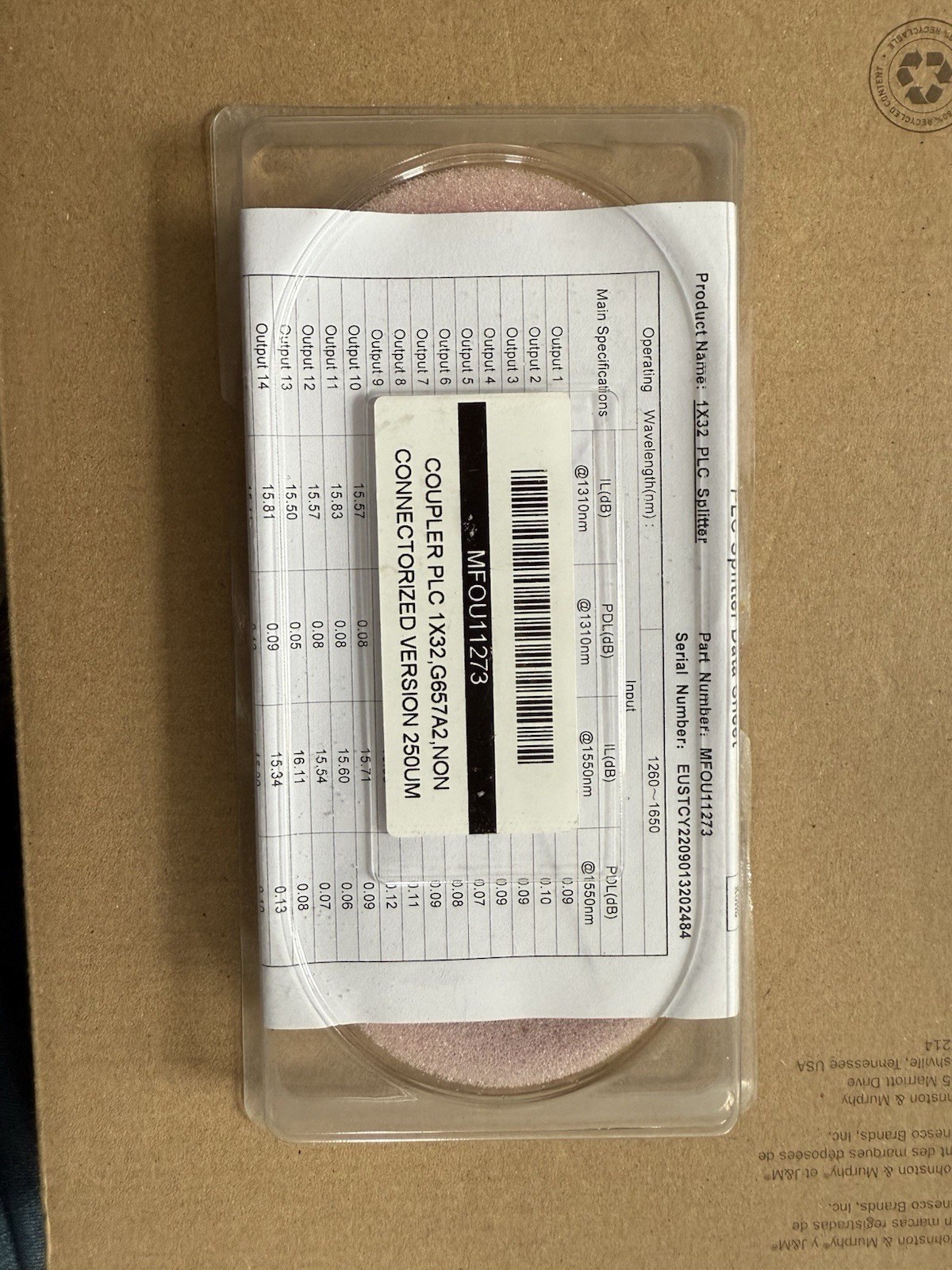 Planar Lightwave Circuit PLC 1x32 Fiber Optic Splitter, Non Connectorized 250UM
