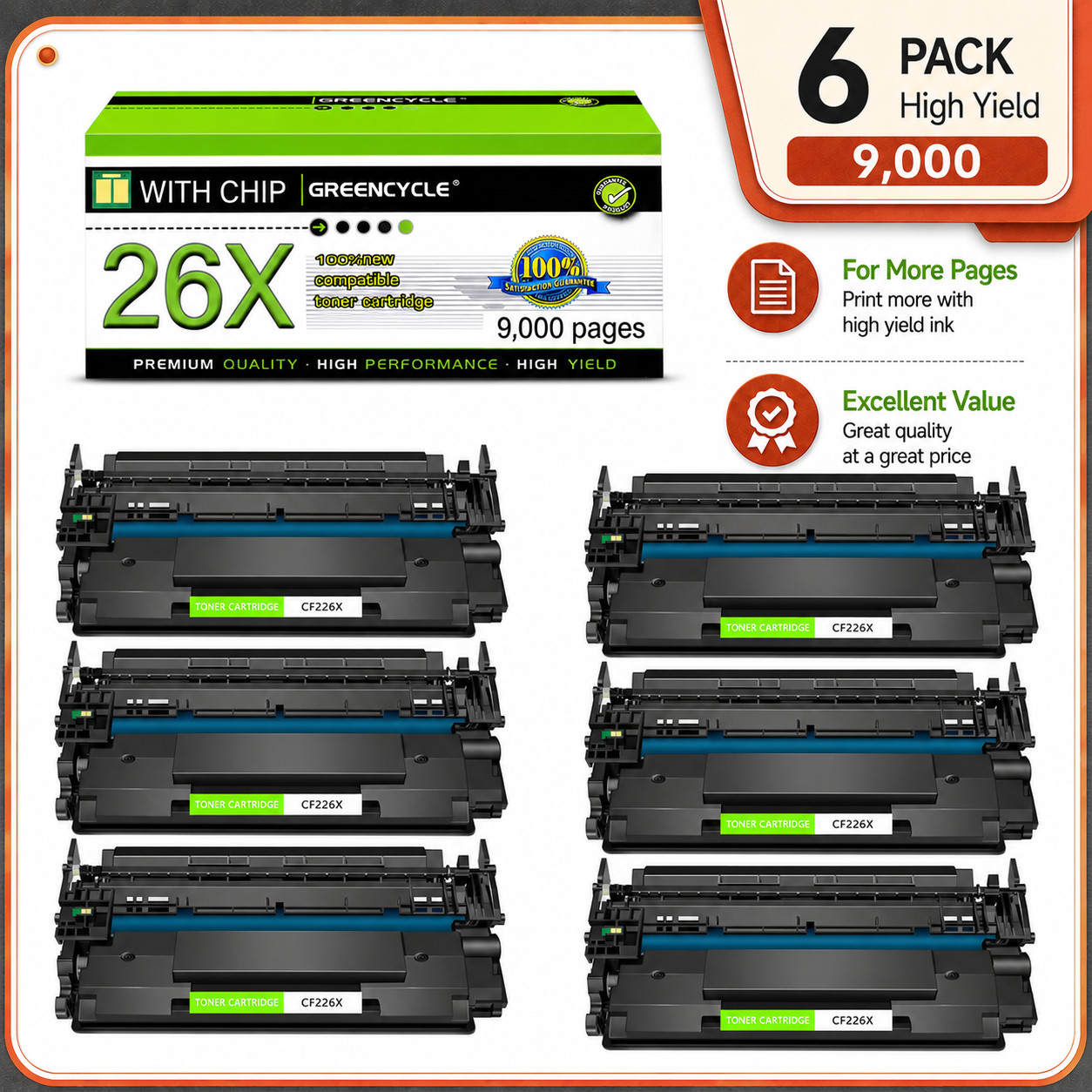 6PK CF226X 26X Toner Cartridge fits for HP LaserJet Pro MFP M426fdw M402dn M402d