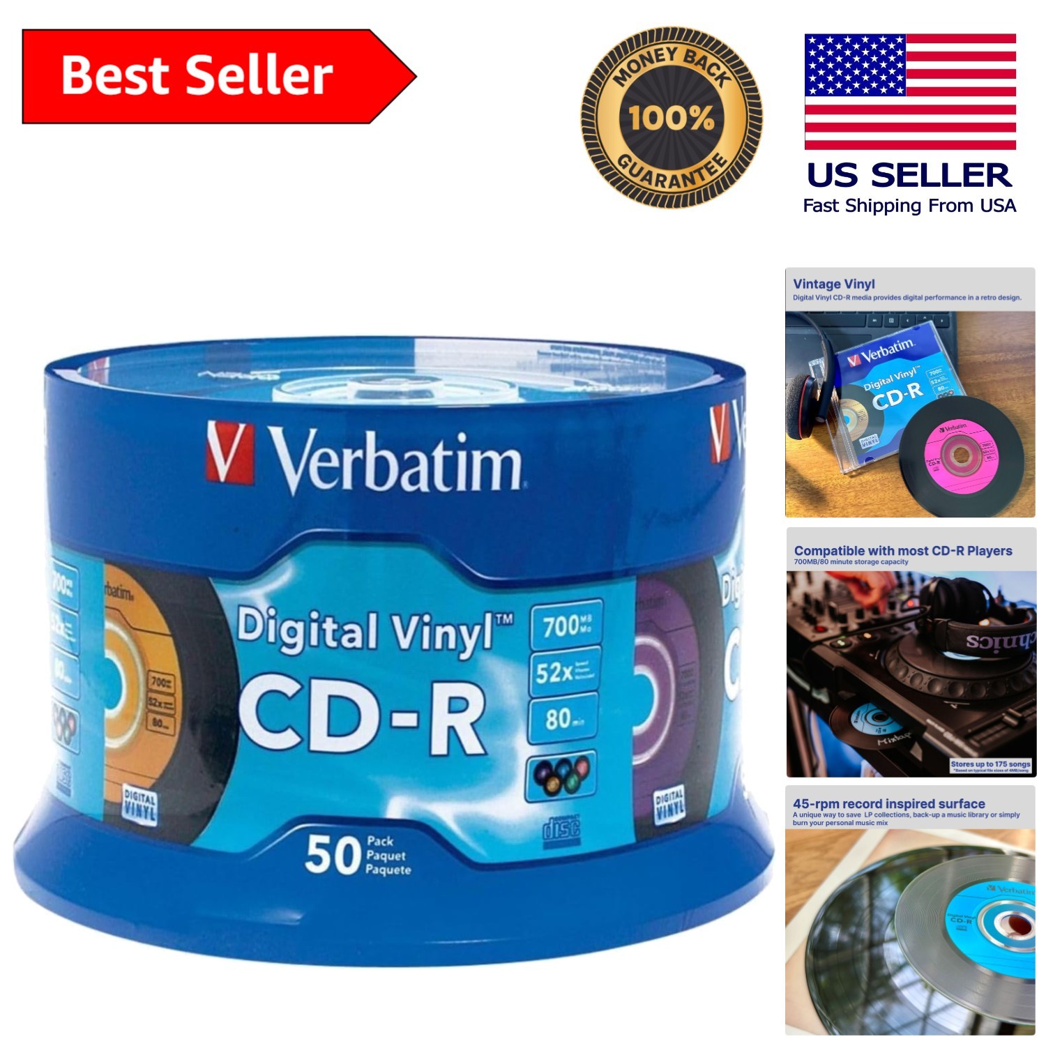 50 Count Verbatim Digital Vinyl CD-Rs 700MB 80min - Preserve Your Music Memories