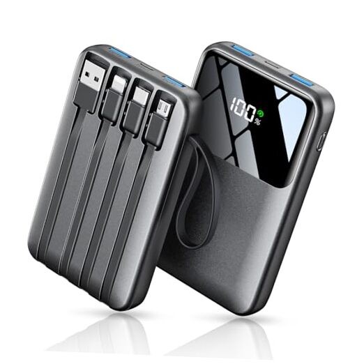 Power Bank Portable Charger with Built in Cable, 22.5W Fast 15000mAh Black